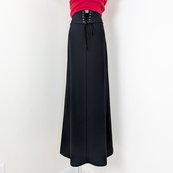 Louben Black Maxi Skirt Tailored Belt Tied Corset Thick Flared - Picture 9 of 10